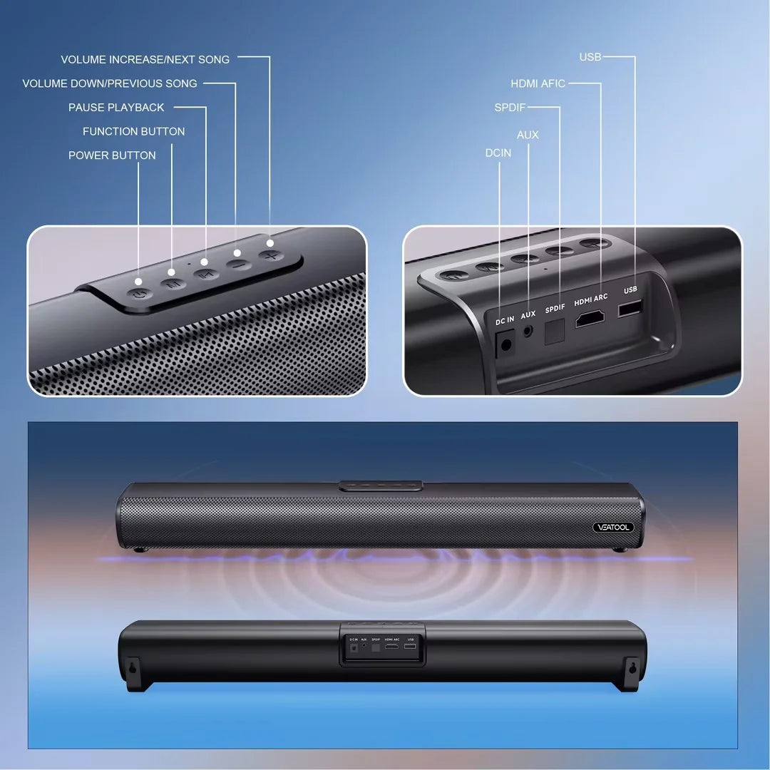 2.1Ch Sound Bars for TV, Soundbar with Subwoofer, Wired & Wireless Bluetooth 5.0 3D Surround Speakers, Optical/Hdmi/Aux/Rca/Usb Connection, Wall Mountable